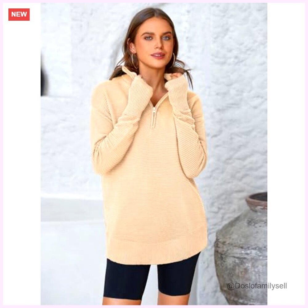 Long Sleeve Quarter Zip Pullover Sweater Ribbed Knit Thumb Hole Loose Fit - Picture 3 of 7